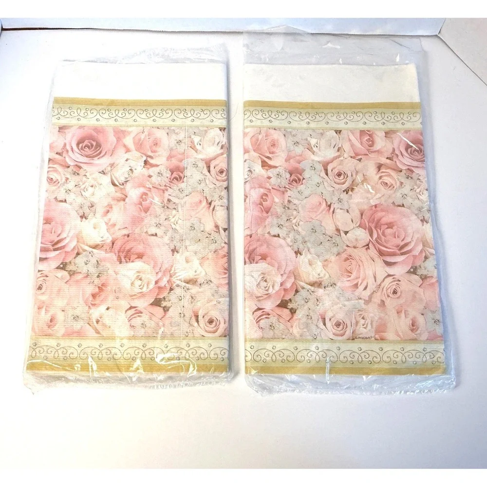 Lot of 2 Amscan Paper Tablecover 54x102 Pink Rose Dazzling Bouquet Wedding Event